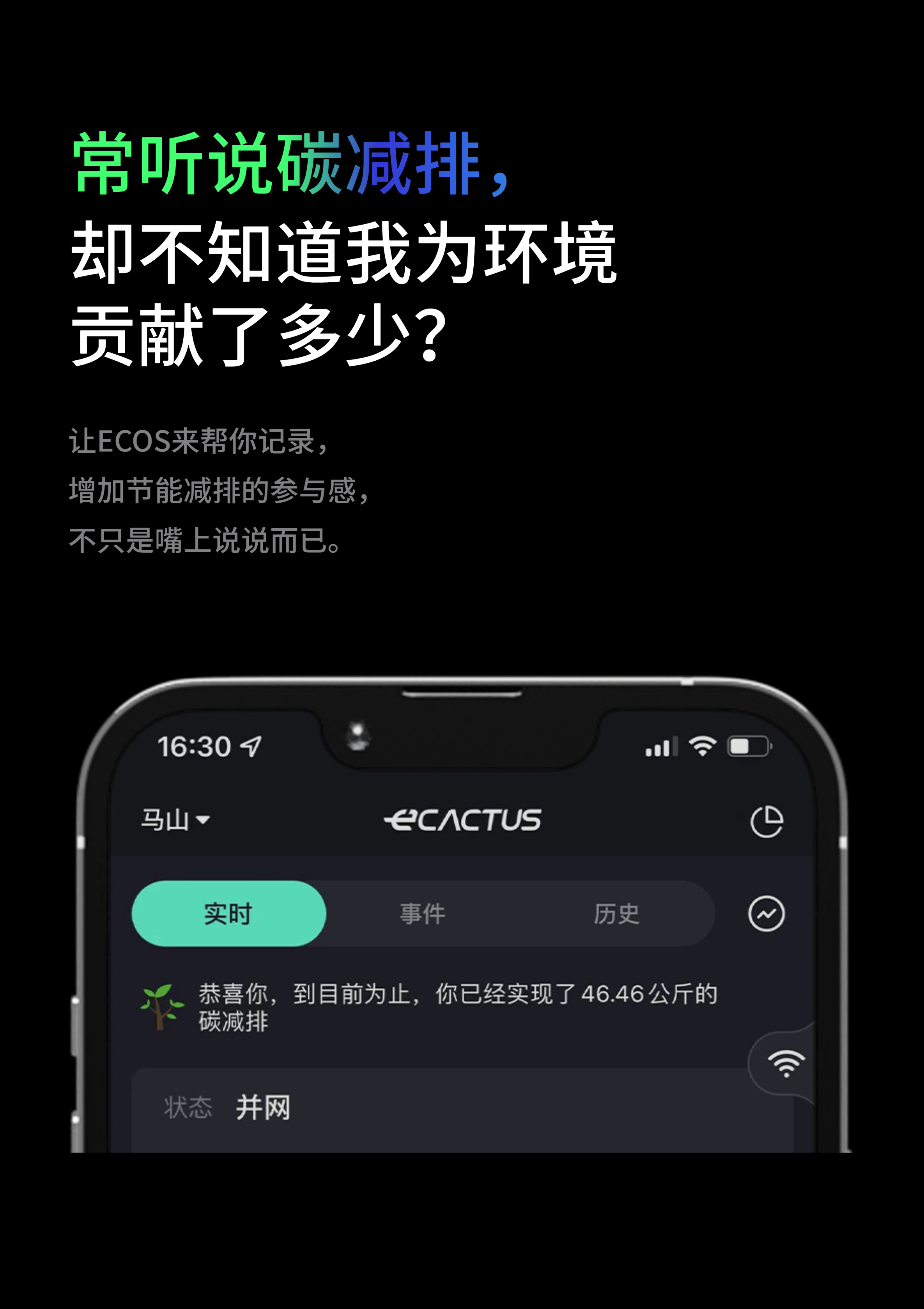 常听说碳减排，却不知道我为环境贡献了多少？让ECOS来帮你记录，增加节能减排的参与感，不只是嘴上说说而已。